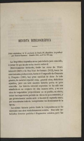 Revista Bibliográfica - Datos estadísticos de la provincia de Santa-Fé (República Argentina)...
