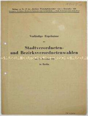 Beilage der "Berliner Wirtschaftsberichte" mit den vorläufigen Ergebnissen der Stadtverordnetenwahl vom 17. November 1929