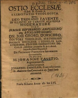De Ostio Ecclesiae ex Joh. X. Comm. 7. Exercitatio Theologica