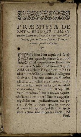 Præmissa De Ente, Ejusque Tum Synonimis, tum in actum [...]
