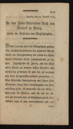 Berlin, den 17. August 1779. An den Geheimden Rath von Brabeck in Mainz. Über die Anstalten der Wohlthätigkeit