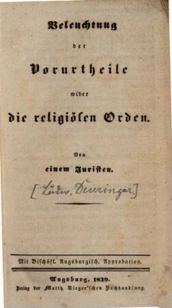 Beleuchtung der Vorurtheile wider die religiösen Orden