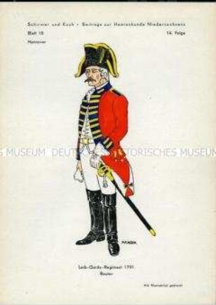 Uniformdarstellung, Gemeiner des Leibgarde-Regiments, Kurfürstentum Hannover, 1791.