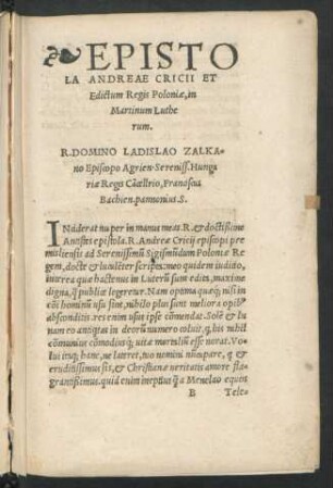 Epistola Andreae Cricii Et Edictum Regis Poloniae, in Martinum Lutherum.