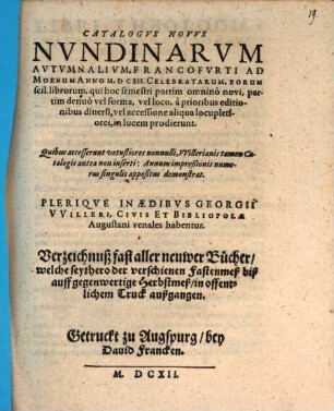 Catalogus novus nundinarum autumnalium, Francofurti ad Moenam Anno M.D.CXII. celebratarum ...