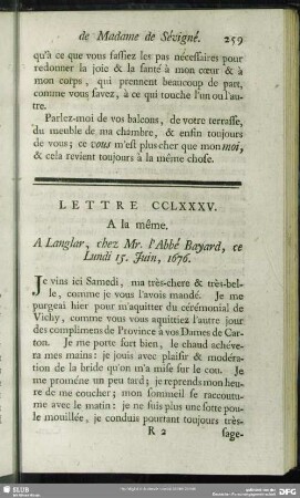 Lettre CCLXXXV. A la même. A Langlar, chez Mr. L`Abbé Bayard, ce Lundi 15. Juin, 1676