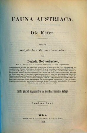 Fauna Austriaca, 2. Die Käfer : nach der analytischen Methode bearbeitet