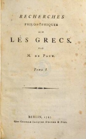 Recherches philosophiques sur les Grecs, 1