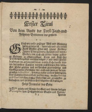 Erster Titul Von dem Ambt der Forst-Jagd- und Fischerey Bedienten ins gemein.