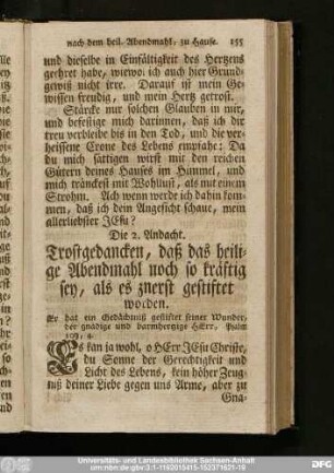 Die 2. Andacht. Trostgedancken, daß das heilige Abendmahl noch so kräftig sey, als es znerst gestifet worden.