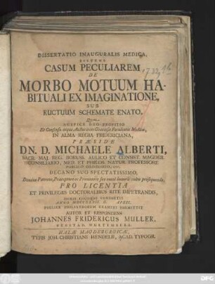 Dissertatio Inauguralis Medica, Sistens Casum Peculiarem De Morbo Motuum Habituali Ex Imaginatione, Sub Ructuum Schemate Enato