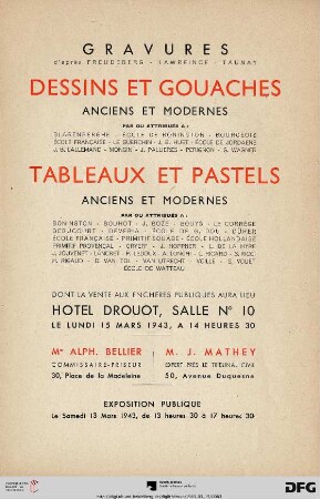 Gravures d'après Freudeberg, Lawreince, Taunay : dessins et gouaches anciens et modernes par ou attribués a: Blarenberghe ... ; tableaux et pastels anciens et modernes par ou attribués a Bonington ... ; dont la vente aux enchères publiques aura lieu Hotel Drouot, 15 mars 1943