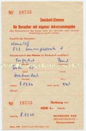 Quittung über die Vermittlungsgebühr für eine Privat-Unterkunft durch das Reisebüro der DDR (Leipziger Frühjahrsmesse) - Familienkonvolut