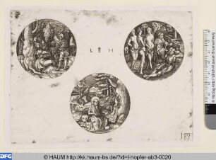 Drei runde Darstellungen auf einer PLatte: Liebespaar, Hl. Hieronymus, Parisurteil