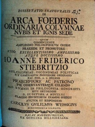Diss. inaug. de arca foederis ordinaria columnae nubis et ignis sede