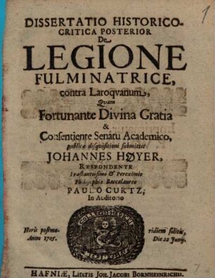 Diss. hist. crit. ... de legione fulminatrice, Posterior