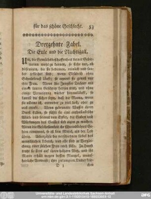Dreyzehnte Fabel. Die Eule und die Nachtigall.