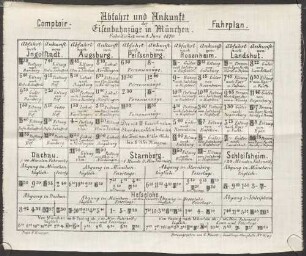 Abfahrt und Ankunft der Eisenbahn-Züge in München : Fahrdienst vom 1. Juni 1870 : Comptoir-Fahrplan
