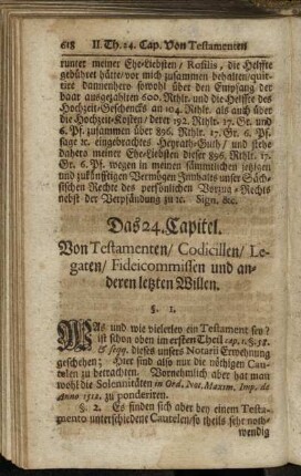 Das 24. Capitel. Von Testamenten/ Codicillen/ Legaten/ Fideicommissen und anderen letzten Willen.