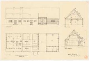 Siedlung, Gresse: Grundriss, Ansicht, Schnitte Bauernhaus 1:100
