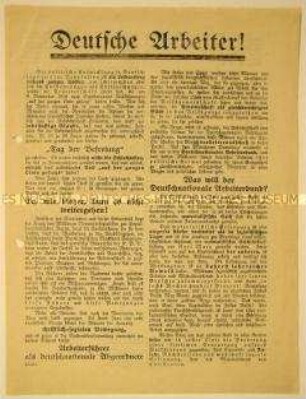 Programmatischer Beitrittsaufruf des Deutschnationalen Arbeiterbundes mit Ausführung seiner Leitgedanken und Ziele