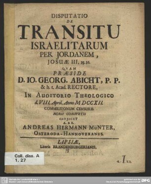 Disputatio De Transitu Israelitarum Per Jordanem, Josuae III, 15.16.