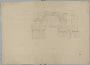 Minden, Weserbrücke, Brückenpfeiler, Aufriss : Minden, Weserbrücke, zwei Brückenpfeiler, Aufriss mit Pfahlrosten, Jean de Bodt, 1706/1711. Feder, Graphit/Papier. 46,9 x 64,2 cm. Vgl. Mscr.Dresd.B.129 "M: S: SUR LE PONT DE MÜNDEN"