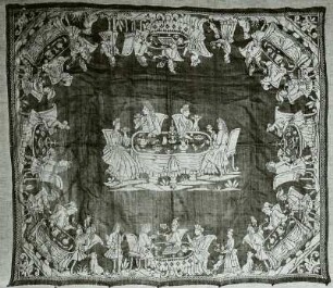 Decke mit Kaffee-, Tabaks- und Spielgesellschaften : Leinendamastdecke, 18. Jh., Mus. Bautzen
