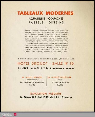 Tableaux modernes : aquarelles, gouaches, pastels, dessins : par: Boldini, Bonnard, Carrière, Chirico, Cross, Daubigny [und weitere] : dont la vente aux enchères publiques aura lieu à Paris, Hôtel Drouot, Salle No 10, le jeudi 6 mai 1943