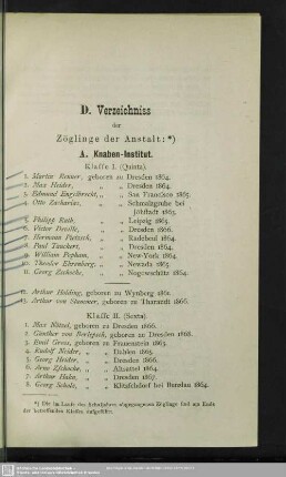 D. Verzeichniss der Zöglinge der Anstalt