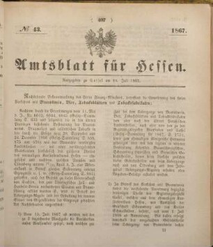 № 43. Ausgegeben zu Cassel am 10. Juli 1867.