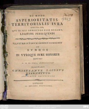 De Modo Svperioritatis Territorialis Ivra Contra Eos, Qvi Se Illi Svbiectos Esse Negant, Legitime Perseqvendi