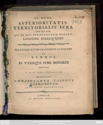De Modo Svperioritatis Territorialis Ivra Contra Eos, Qvi Se Illi Svbiectos Esse Negant, Legitime Perseqvendi