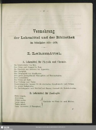 Vermehrung der Lehrmittel und der Bibliothek