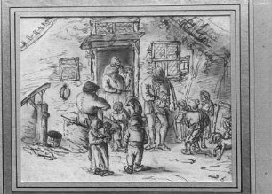 Kinder und Bauern vor einem Haus