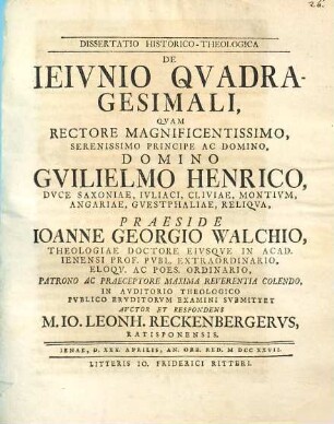 Dissertatio Historico-Theologica De Ieivnio Qvadragesimali