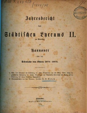 Programm des Städtischen Lyceums II. am Kleverthor zu Hannover : für das Schuljahr von Ostern ... - ..., 1874/75