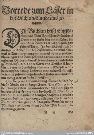 Vorrede zum Läser in diß Büchlein/Elucidarius genannt.