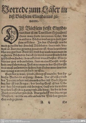 Vorrede zum Läser in diß Büchlein/Elucidarius genannt.