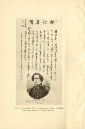 Portrait of Commodore Perry with autographs of Sanjo Nai-dajin, then Prime Minister, and Shozan Sakuma