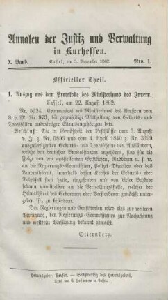 Officieller Theil. 3. November 1862-1. October 1863 = Nro. 1-12