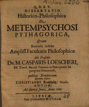 Dissertatio Historico-Philosophica De Metempsychosi Pythagorica