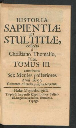 3: continens Sex Menses posteriores Anni 1693.