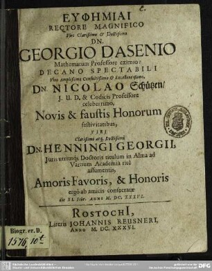 Euphēmiai ... novis ... honorum festivitatibus ... Henningi Georgii ...