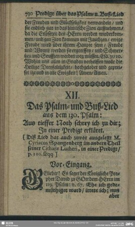 XII. Das Psalm-und Buß-Lied aus dem 130. Psalm: Aus tieffer Noth schrey ich zu dir; In einer Predigt erkläret