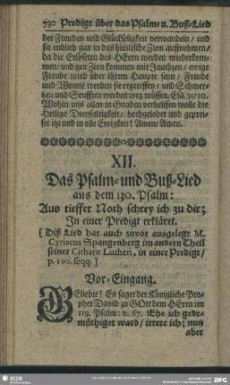 XII. Das Psalm-und Buß-Lied aus dem 130. Psalm: Aus tieffer Noth schrey ich zu dir; In einer Predigt erkläret
