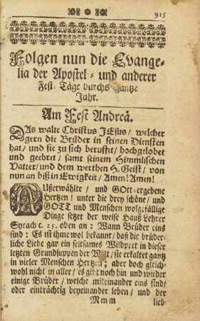 Folgen nun die Evangelia der Apostel- und anderer Fest-Tage durch ganze Jahr.