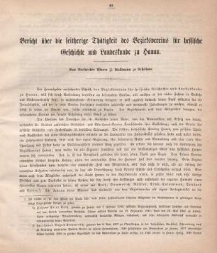 Bericht über die seitherige Thätigkeit des Bezirksvereins für hessische Geschichte und Landeskunde zu Hanau.