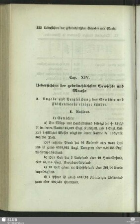 Cap. XIV. Uebersichten der gebräuchlichsten Gewichte und Maaße