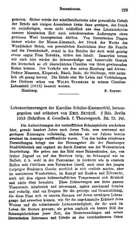 Schulze-Kummerfeld, Karoline :: Lebenserinnerungen der Karoline Schulze-Kummerfeld, hrsg. und erl. von Emil Benezé, 2 Bde., (Schriften der Gesellschaft für Theatergeschichte, 23 und 24) : Berlin, 1915